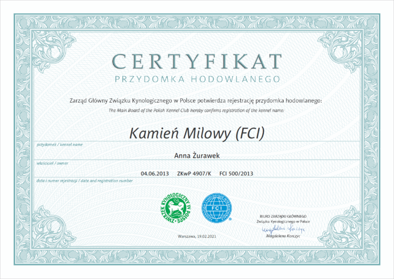 certyfikat przydomka hodowlanego berneńskich psów pasterskich